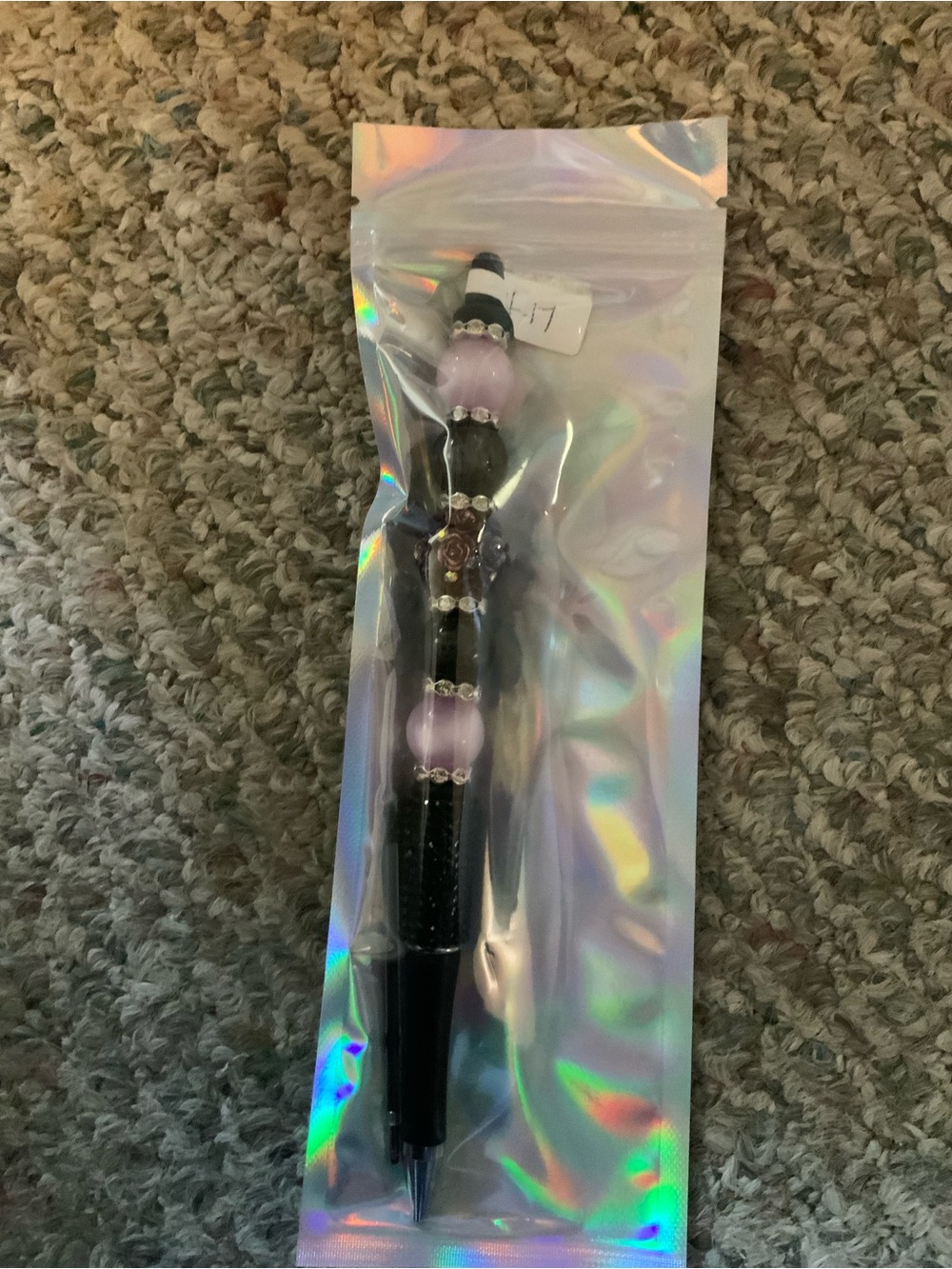 Decorative Black and Lavender Beaded Ballpoint Pen - Brand Unspecified